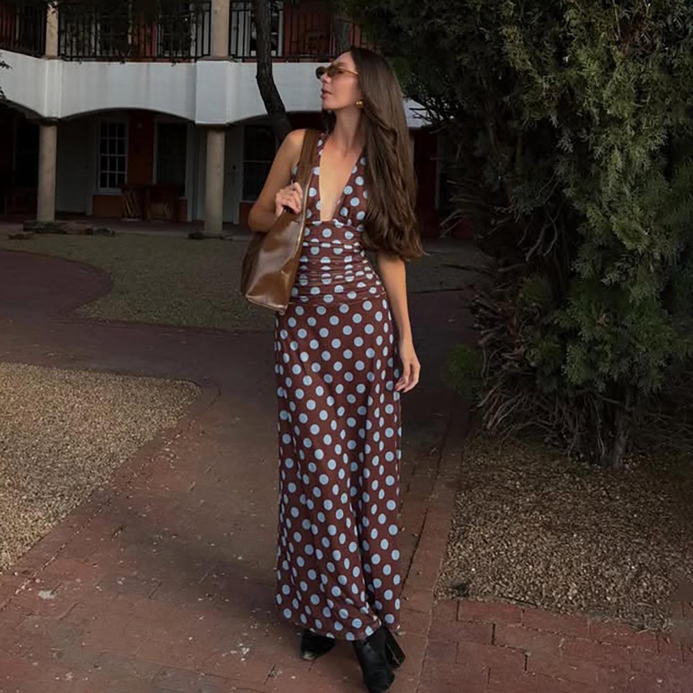 French retro elegant temperament polka dot neck V-neck dress sexy hottie backless strap waist long dress women