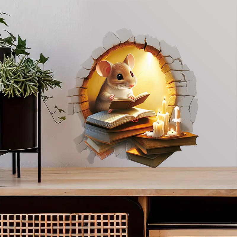 Cozy Cartoon Mouse Reading Book by Candlelight At Mouse Hole Toilet Wall Sticker Self-Adhesive Bathroom Home Decor Art Wholesale