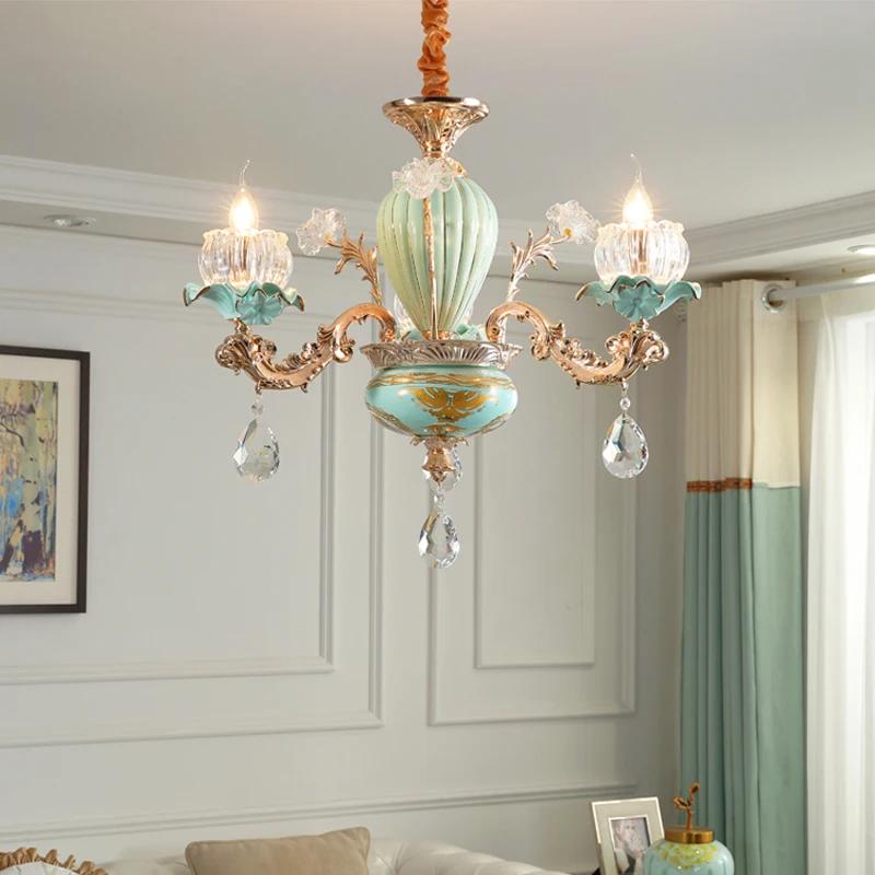 Chandelier Luxury Crystal Blue Ceramic For Living Room Ceiling Lamp Villa Bedroom Dining Room Indoor Home Decor Lighting Fixture