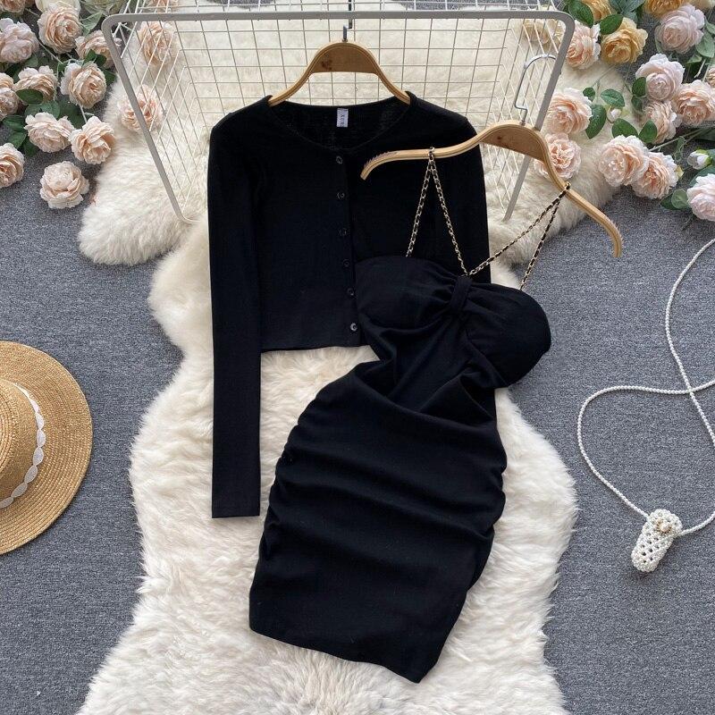 

Осень Маленький Ароматный Ветер Ретро Ряд Короткий Топ + Халтер с Подвеской На Шею Облегающее Платье Миди Комплект из Двух Предметов One Size чёрный
