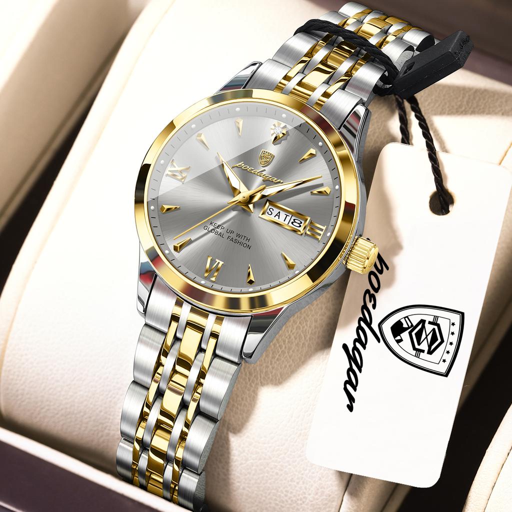 POEDAGAR Original Watch for Woman Waterproof Luminous Date Week Ladies Watch Stainless Steel Quartz Watches Female