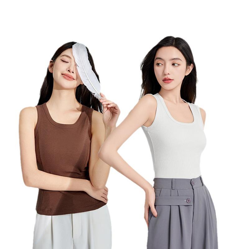 Women's Cooling Wide-Shoulder Tank Top with Chest Pad, Antibacterial Tencel Cotton, Summer Innerwear