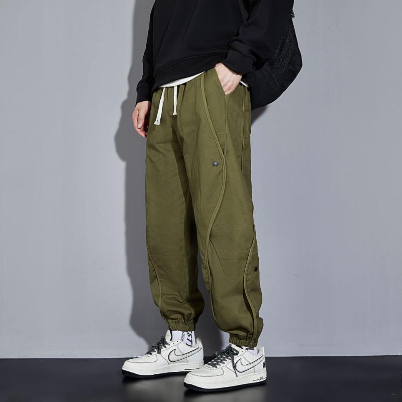 Large size casual pants, multi-pocket splicing button elastic overalls, men's tied-leg trousers