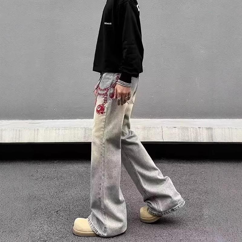 Mens Straight Fit Denim Jeans With Vintage Embroidery Mid-Rise Casual Streetwear Pants Cotton Blend Washed Finish