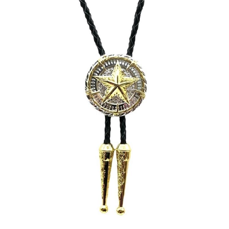 Men and Women Fashion Accessory Leather Cord Bolo Tie with Distinctive Metal Star Badge Pendant Western Necktie Necklace