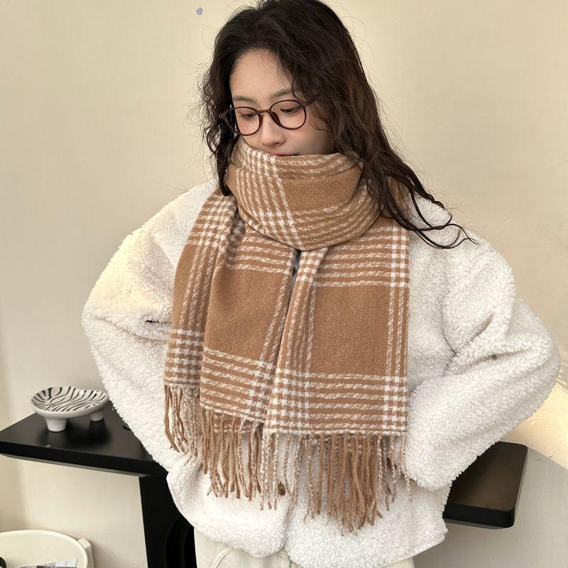 Women's Faux Cashmere Plaid Scarf - Korean Style, Thick & Warm Autumn/Winter Shawl