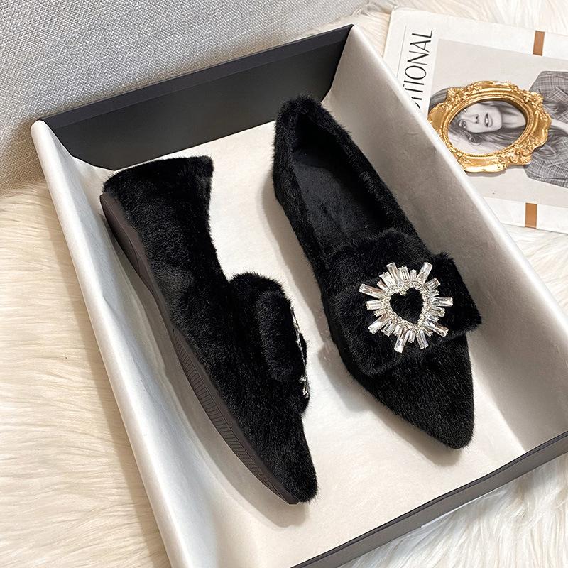 Fashion Heart Shaped Rhinestone Buckle Flats Women Rabbit Fur Shoes Winter Warm Ballets Ladies Pointed Toe Cotton Furry Mocasines Mujer