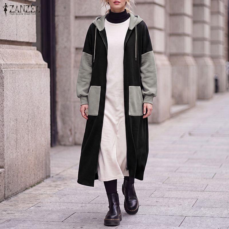 ZANZEA Women Long Sleeve Casual Patchwork Long Hooded Sweatshirts
