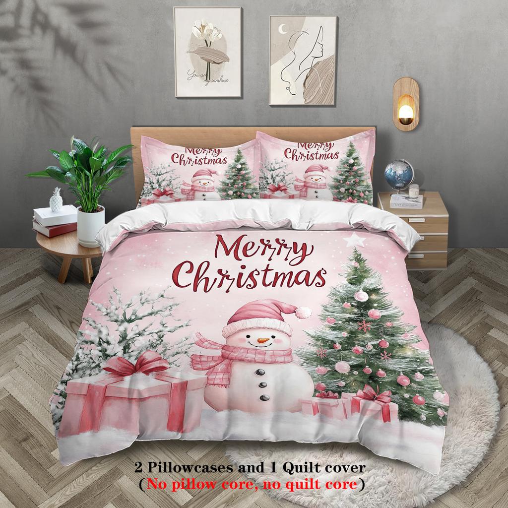 3-piece Christmas themed Santa Claus snowman print (1 duvet cover+2 pillowcases, no core) soft bedding set