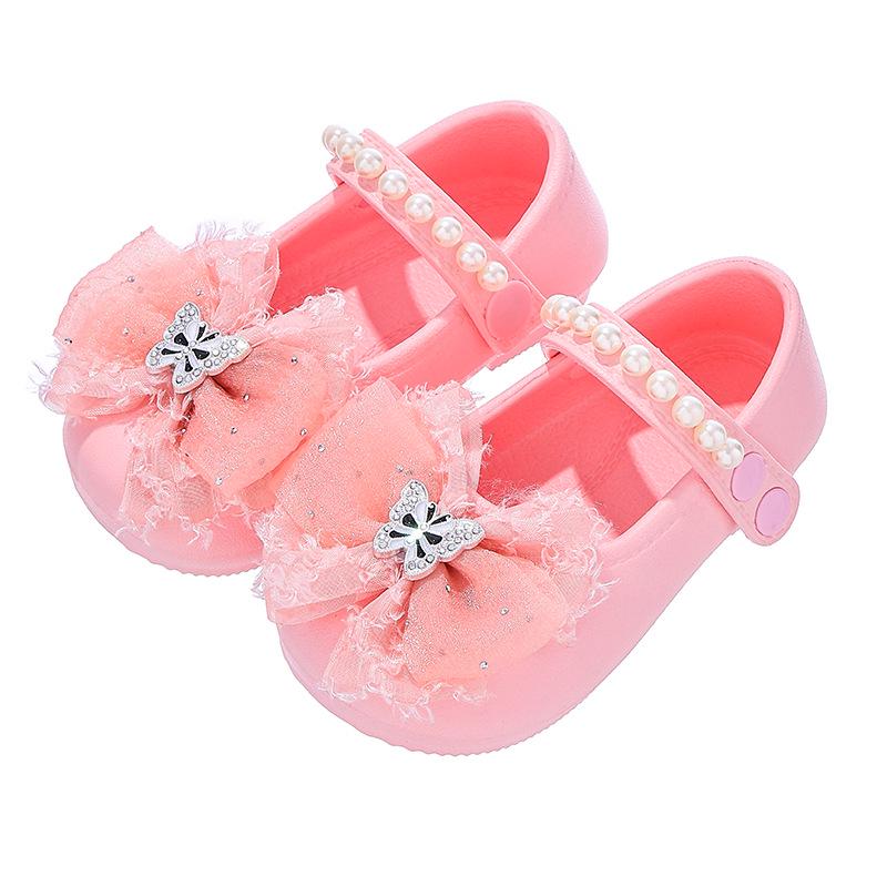 Little Girl Princess Bow Pearl Shoes - Spring/Autumn Soft Sole Sandals with a New Chinese Fragrance Style.
