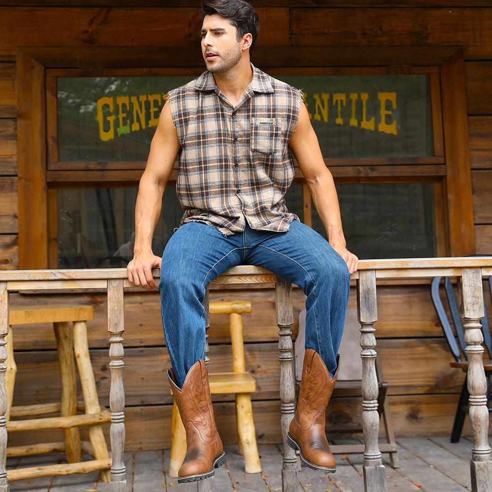 Cowboy Boots for Men Square Toe Western Boot Retro Classic Embroidered Pull On Boot Slip Resistant Boots Men's Comfor Faux Leather Mid-Calf Booties