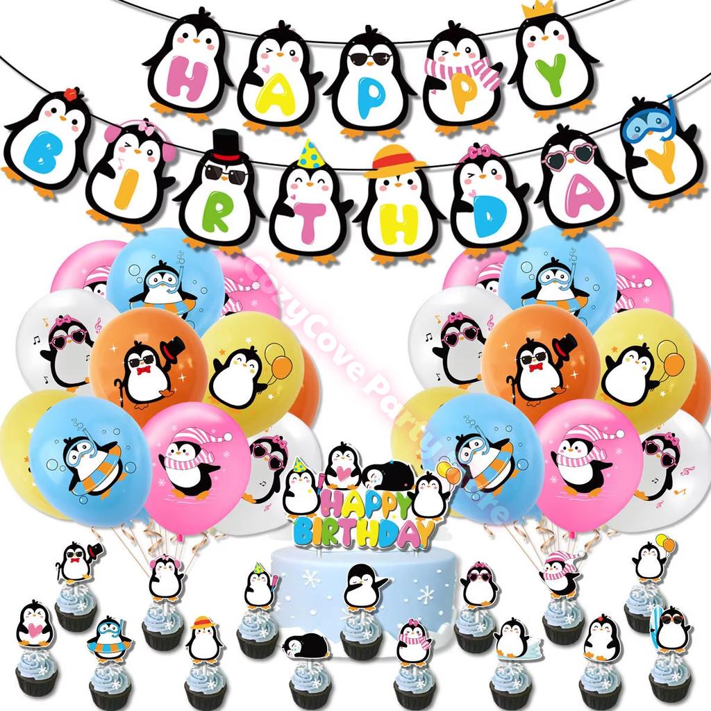 Penguin Theme Birthday Party Supplies Penguin Winter Xmas Banner Cup Plate Balloons For Kids Baby Shower Favor Gifts Photo Props