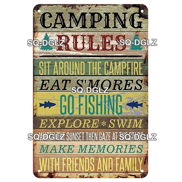 SQ-DGLZ Vintage Camping Rules Relax Metal Sign Plate Tin Sign Plate Home Bar Door Wall Decor Sticker Decoration Plaque Poster