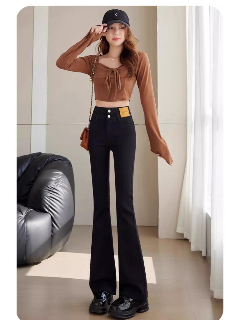 Damen Schwarze High Waist Micro Flare Denim Hose - Schlankmachende Birnenform-Passform für Frühling & Herbst 2025.