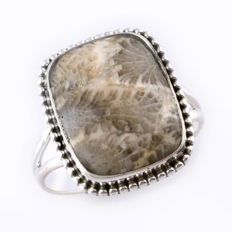 Gema de Coral Fóssil Natural Feito à Mão Prata de Lei 925 Sólida Anel T.10 A4H39