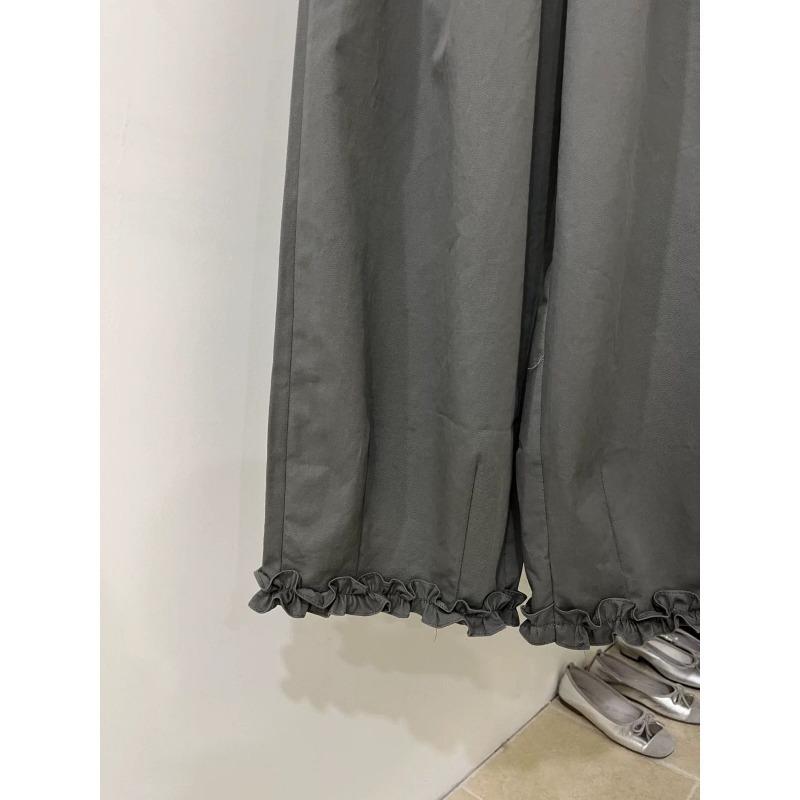 Women Casual Elastic Waist Wide Leg Pants Ruffle Hem Loose Trousers