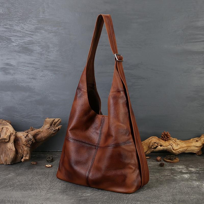 Johnature Large Capacity Genuine Leather Tote Bag Vintage Soft Cowhide Personalized Wide Shoulder Strap Shoulder Bag