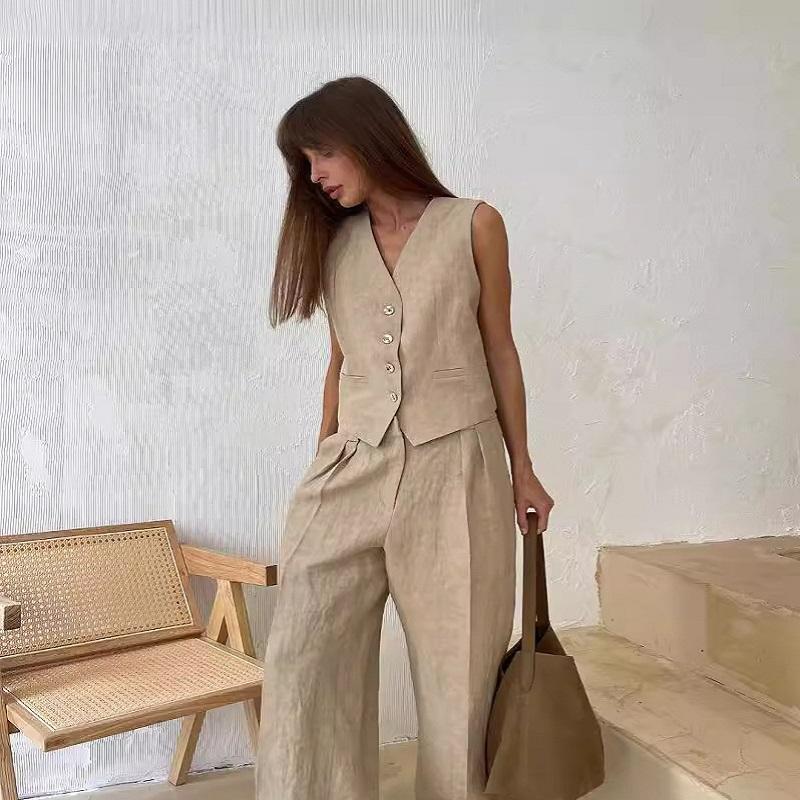 

Womem льняной хлопок шикарный жилет брюки костюм комплект из двух предметов офисные женские летние шикарные женские наряды XS хаки