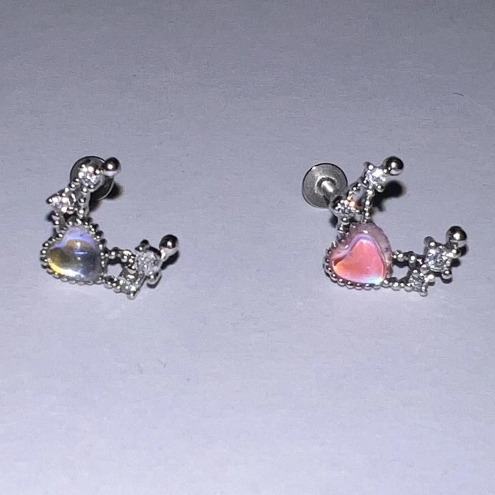 1pc Heart Moon Shape with Zircon Stainless Steel Lip Stud For Woman Girl Daily Party Earring Stud Cartilage Piercing Zircon