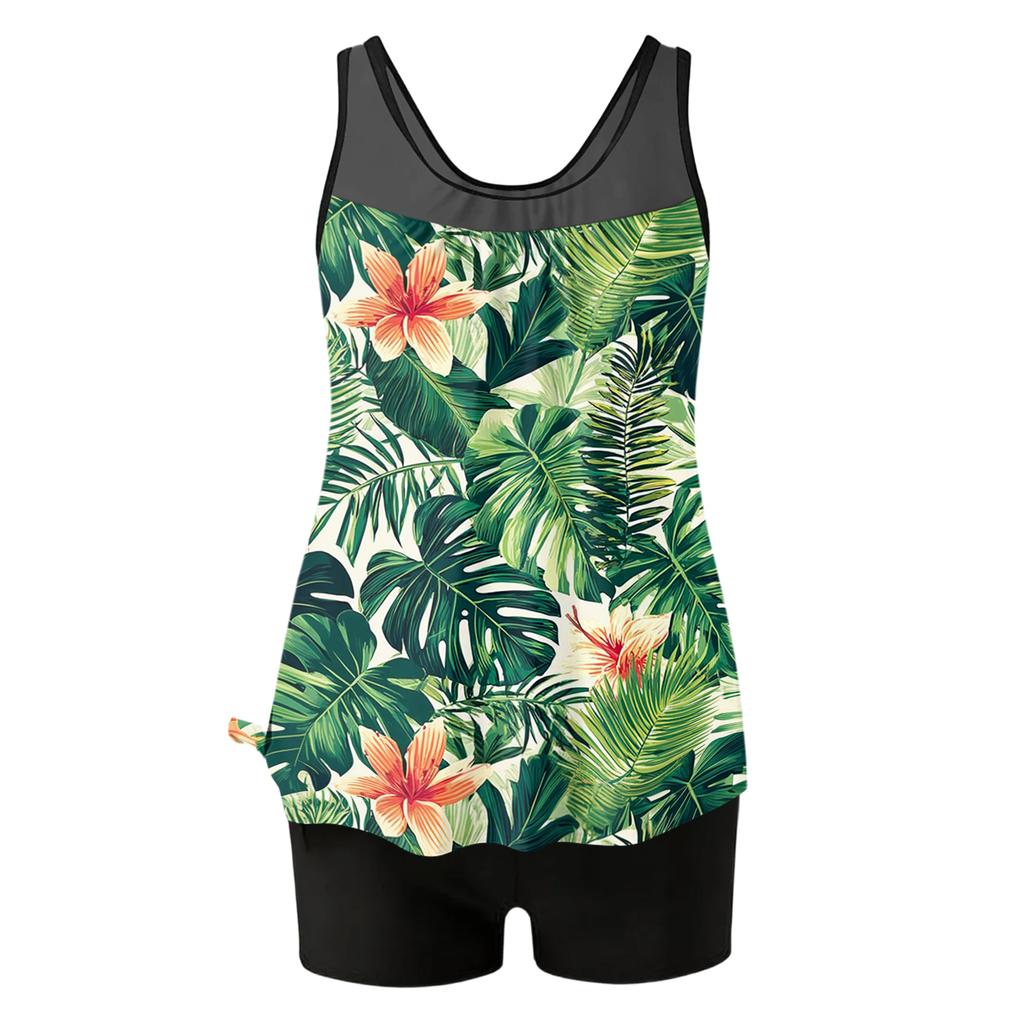 Women’s Tankini Swimsuit Two Piece Set with Floral Leaf Print Sleeveless Top and Boyshort Bottoms for Beach Pool Wear