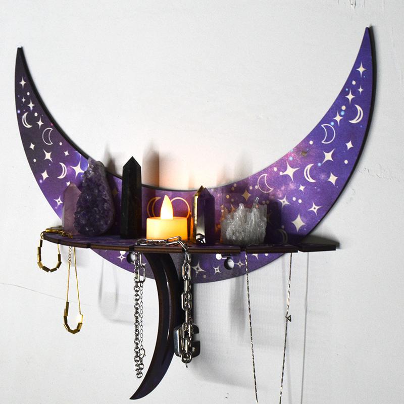 3 Colors Wall Mounted Moon Candle Holder Display Crystal Hanging Placement Shelf Wooden Decoration Candlestick Bohemian Decor