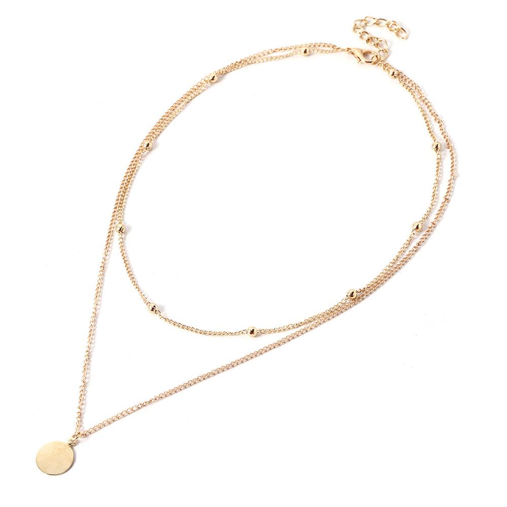 Trendy Vintage Round Pendant Necklace for Women Double Layer Beads Chain Chokers Necklace Golden Collar Jewelry Girls Gift