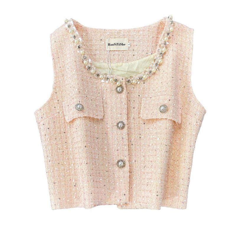 2025 Spring and Summer New Korean Style Heavy Industry Beads Round Neck Sleeveless Single-Breasted Graceful Versatile Temperament Vest Outerwear