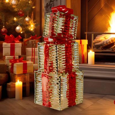 3 Pcs Christmas Lighted Gift Boxes Pre Lit Present Boxes with Bow And LED Light for Indoor Home Party Lawn Decor