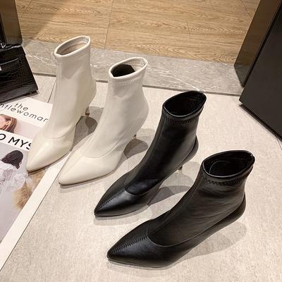 Botas femininas de couro sólido, bico fino, sapatos da moda, outono inverno, salto alto, elegante, elástica, botas curtas finas