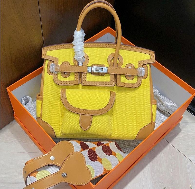 

Новая женская сумка из натуральной кожи с модной сумкой-вставкой из холста, вязаный плечевой ремень, ручная одноплечевая диагональная крестообразная женская сумка 25x14x19cm жёлтый