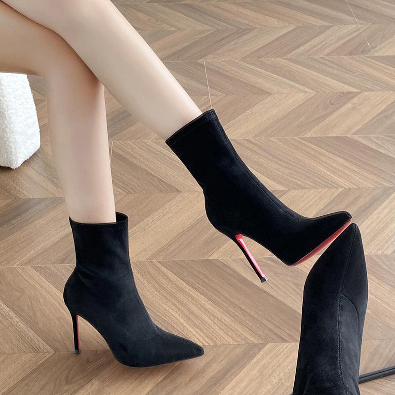 Short boots women's autumn and winter suede thin heel pointed thin boots sexy royal sister red sole high heels boots