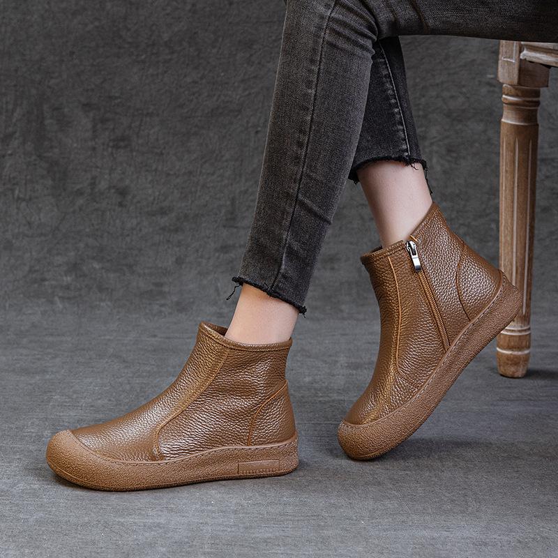 First layer cowhide high-top women's leather flat heel soft sole comfortable side zipper round head new short wool warm