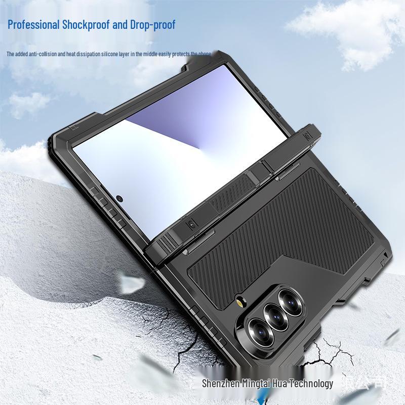 Metalowe etui Z-Fold7 potrójnie odporne z podstawką, zawiasem i miejscem na rysik - Odporna na upadki twarda skorupa dla Fold7