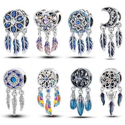 100% 925 Original Sterling Silver Feather Colorful Dreamcatcher Charms Pendants Fit 925 Original Bracelets DIY Jewelry