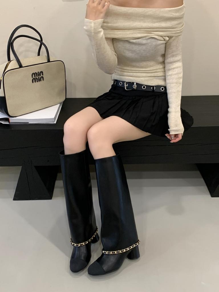 Premium Xiaoxiangfeng Apricot Black Splicing Thick Heel Pants Boots Women's 2025 Autumn Knight High Boots But Knee Boots