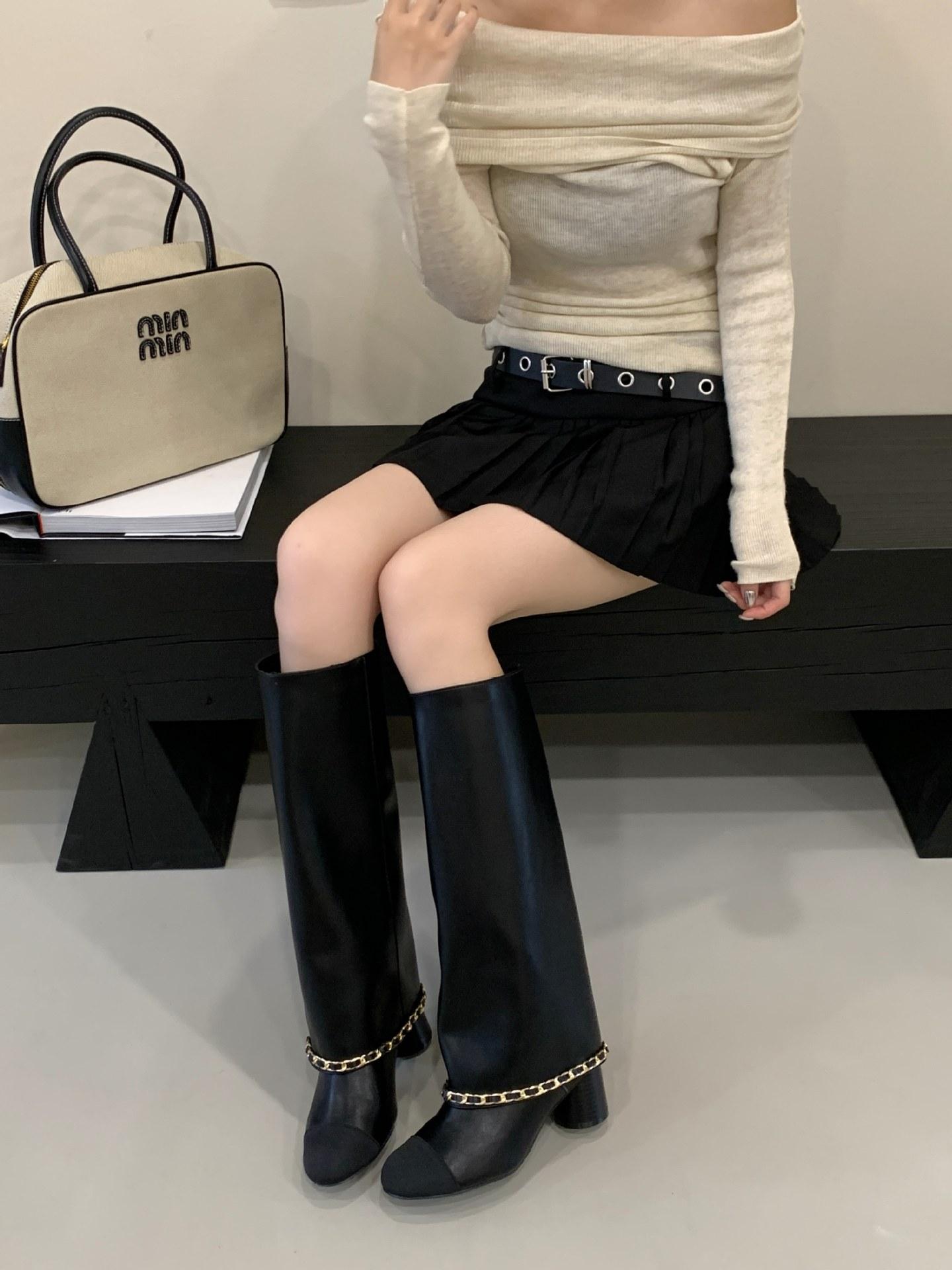 

Premium Xiaoxiangfeng Apricot Black Splicing Thick Heel Pants Boots Women s 2025 Autumn Knight High Boots But Knee Boots 35