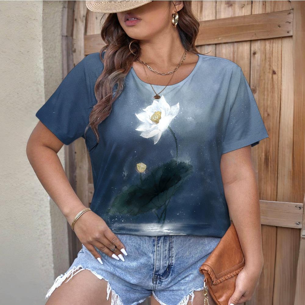 

Летняя мода Цветочный 3D принт Женская уличная одежда Повседневная футболка с коротким рукавом Футболки с круглым вырезом Топы Одежда 6XL