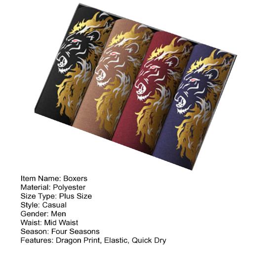 4 Pcs Men's Underwear Fiber Large Flat Corner Pants Four Corner Pants Youth Comfortable Elastic Dragon Print Flower Underwear