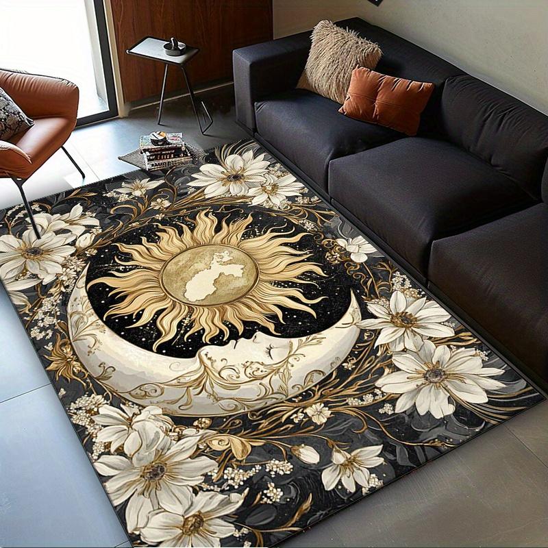 Golden Sunflower Moon Rug for Boho Chic Interiors | Elegant Floral and Celestial Design for Living Spaces Skid resistant carpet