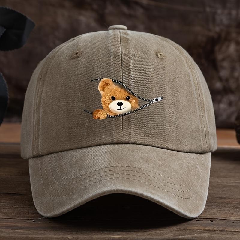 Zippered Bear Print Baseball Cap, Outdoor Sun Protection Cap, Stylish Full Duckbill Cap, Black, Machine Washable Baseball Cap