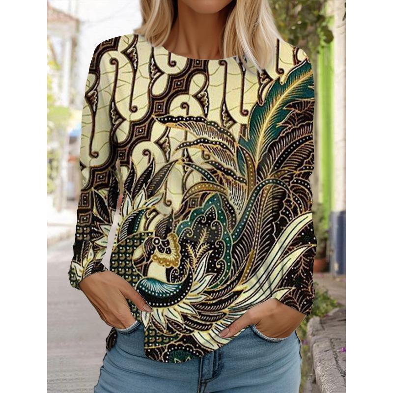 Retro flower pattern 3D printed long sleeved T-shirt