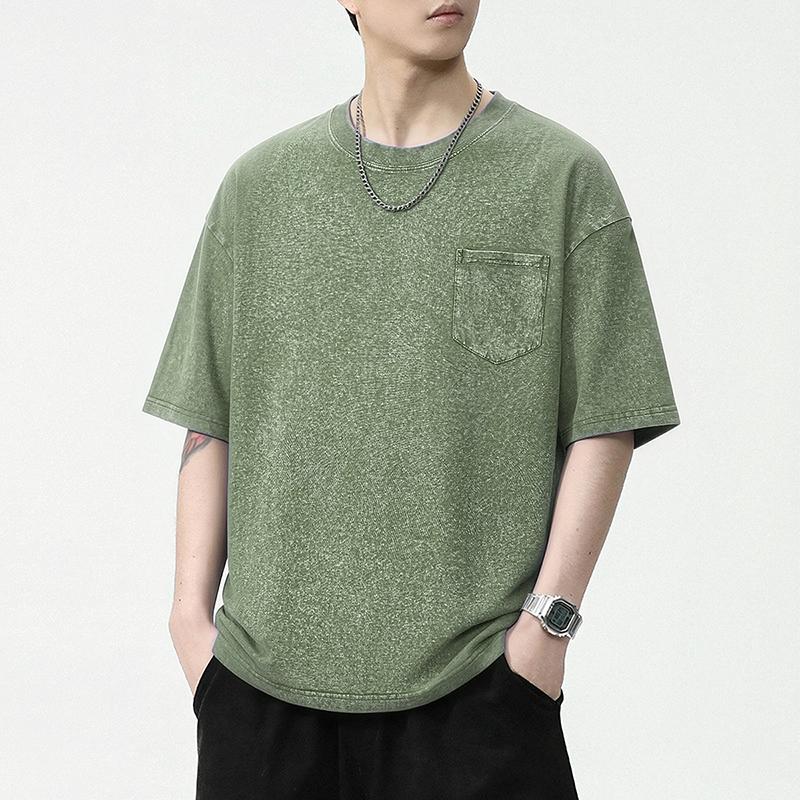Men's Vintage Washed Cotton T Shirt Crew Neck Short Sleeve Chest Pocket Casual Loose Fit Streetwear Summer Tops