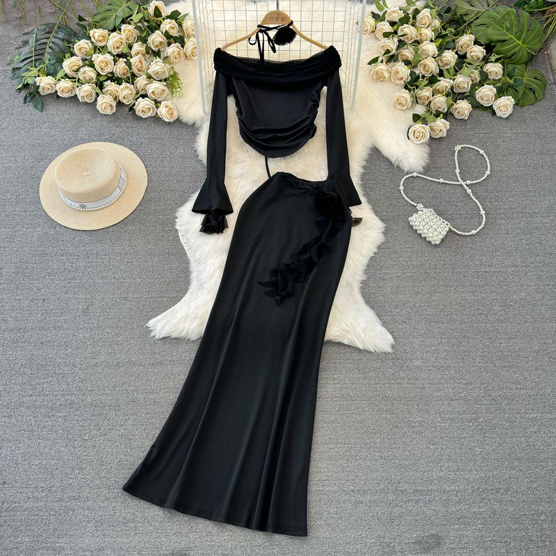 

Off-the-Shoulder Long Sleeves Slim-Fit Slit Hip-Wrapped Fashion Suit Black M