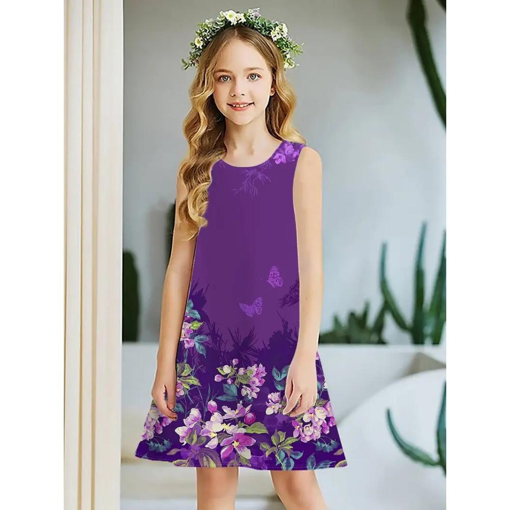 Frühling und Sommer neues ärmelloses Rundhals-Westenkleid für Mädchen, niedliches Prinzessinnenkleid, 3D-Digitaldruckmuster