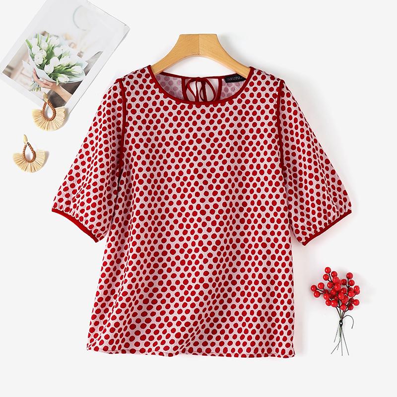 ZANZEA Dámská ležérní halenka s polka dot tiskem do O s výstřihem do O