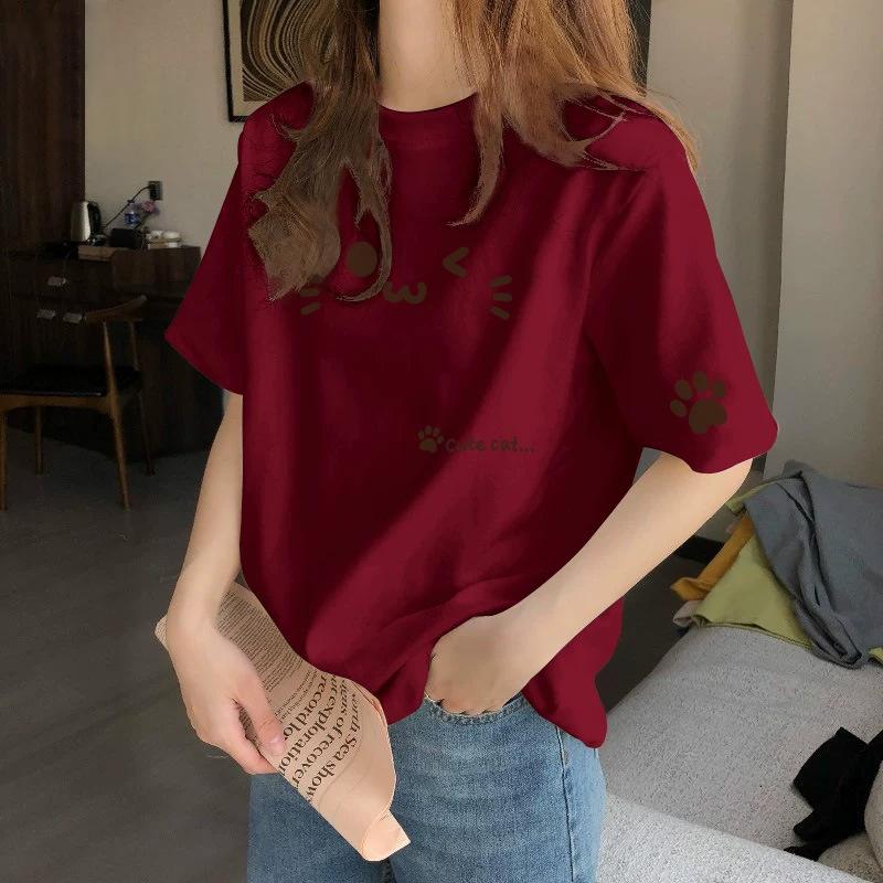 Women's Round Neck Short Sleeve Graphic Top Loose Fit Casual T Shirt 2026 Spring Pure Cotton Mid Length Pullover with Cute Cat Face Paw Print Pattern