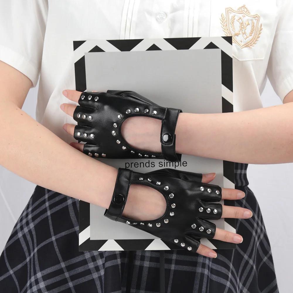 Czarne Gotyckie Rękawiczki Bez Palców z Nitami dla Kobiet Oddychające Rękawiczki Punk ze Skóry PU do Jazdy Halloween Klub Nocny Rękawiczki do Tańca