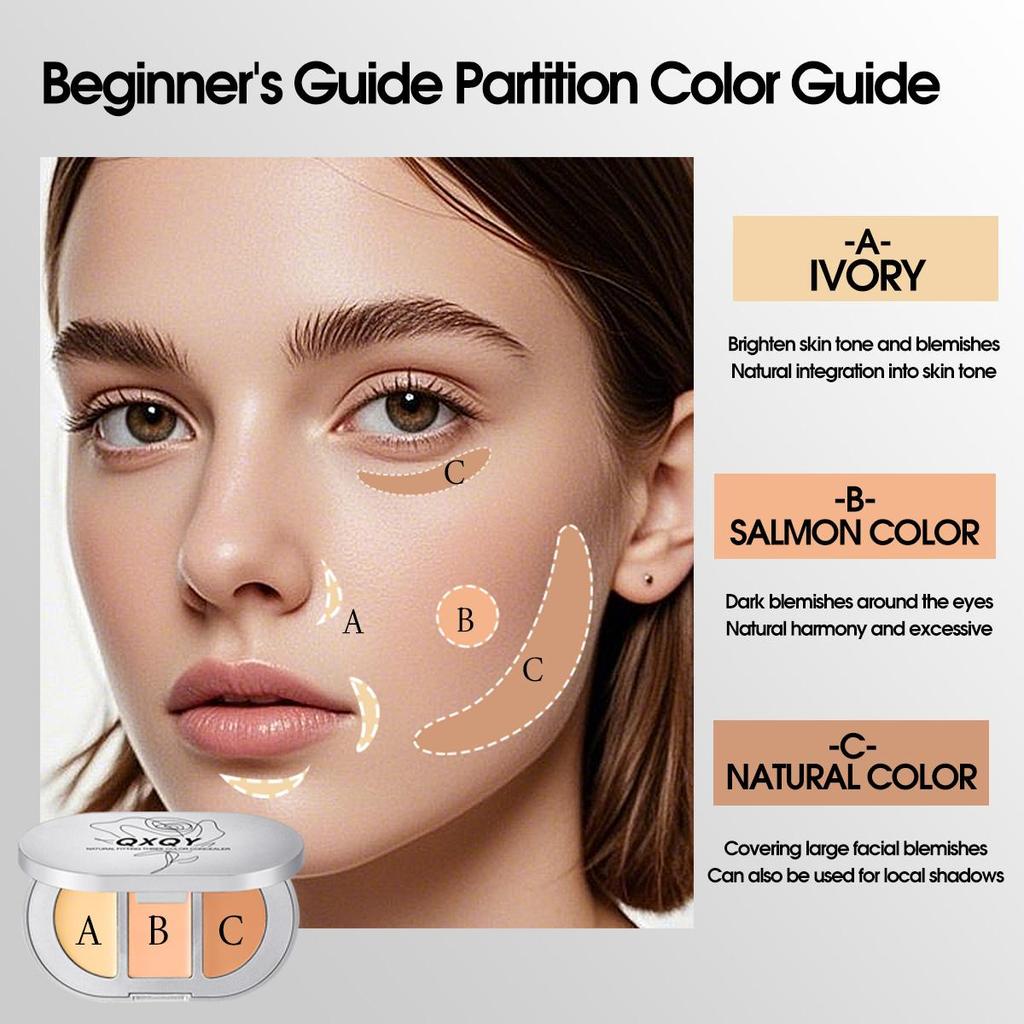 QXQY Natural Fit Tri-Color Concealer Stereoscopic Concealer Dark Circles Brighten Tear Troughs Salmon Color