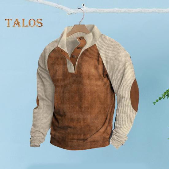 Spring Autumn Men Sweatshirt Colorblock Patchwork Retro Style Half-open Stand-up Collar Top Plus Size Loose Long Sleeves Top Daily Life Office