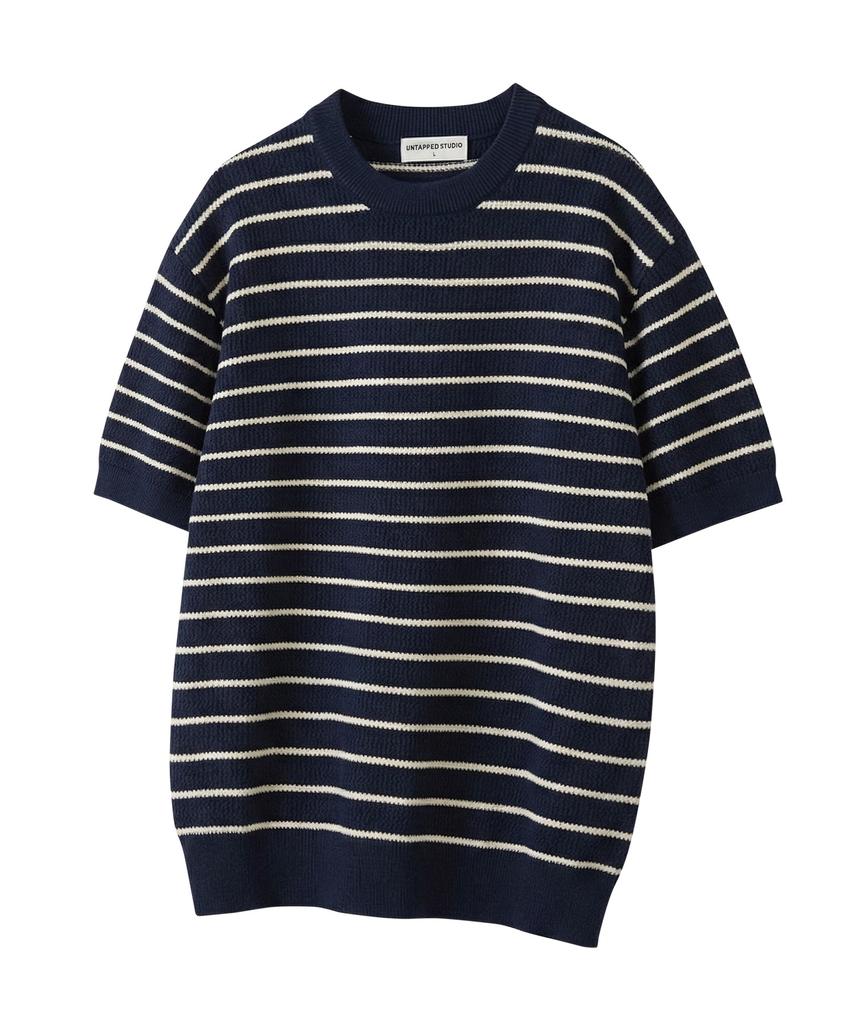 UNTAPPED STUDIO [2Pack] Linen Crochet Round Stripe Short Sleeve Knit 5 Colors (Type B)